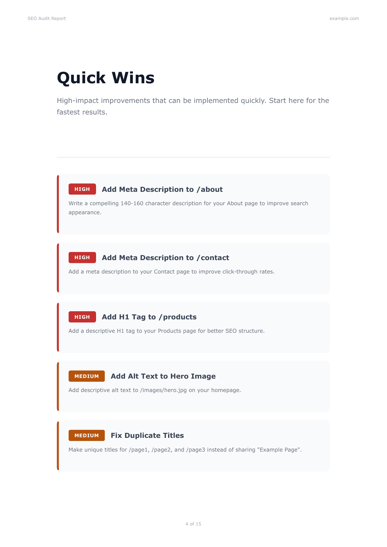 Sample SEO Audit Report showing score, executive summary, and detailed recommendations